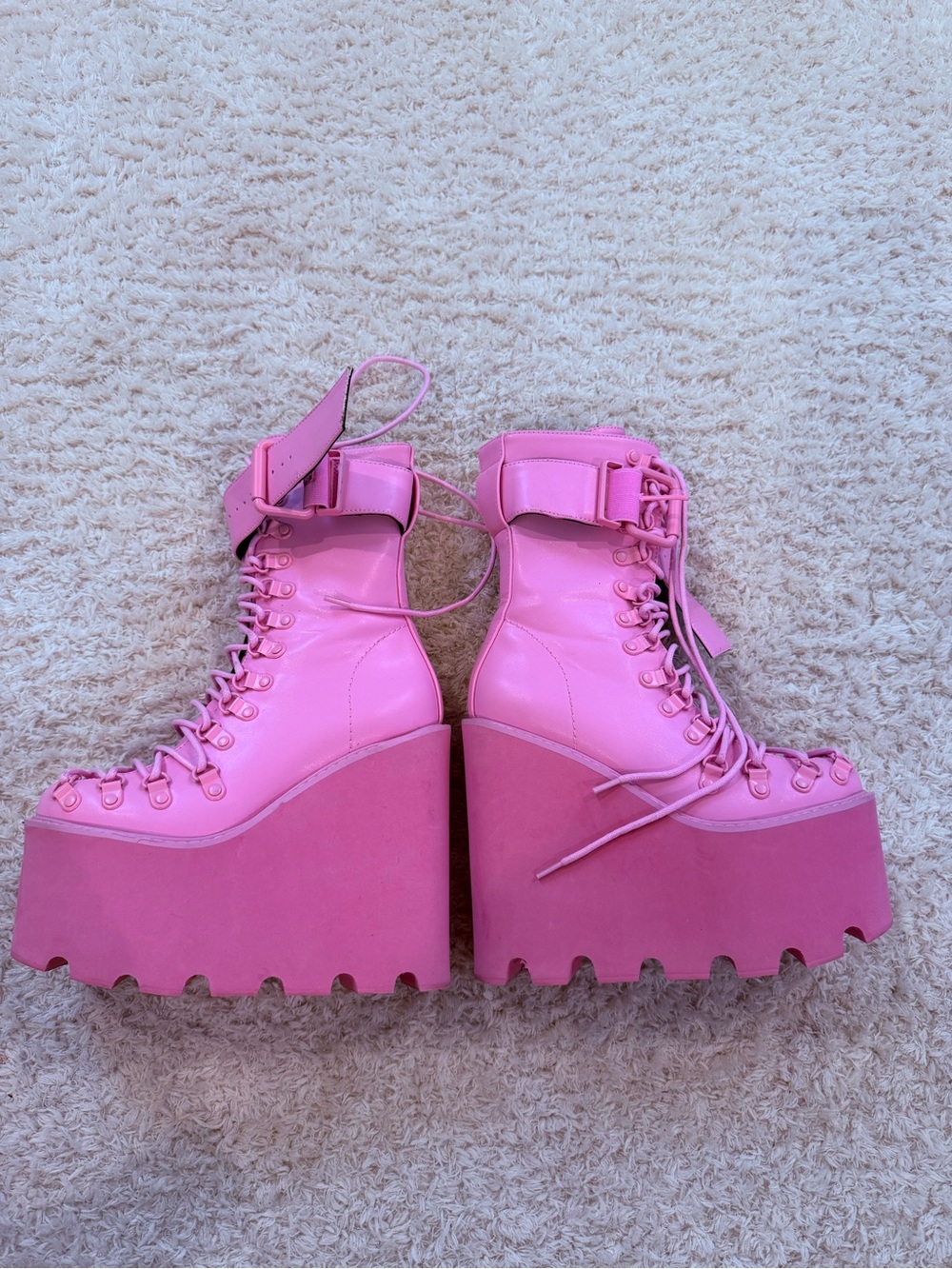 Dolls Kill Pink Leather Platform Ankle Lace Up Zip Buckle Boots Round Toe 5